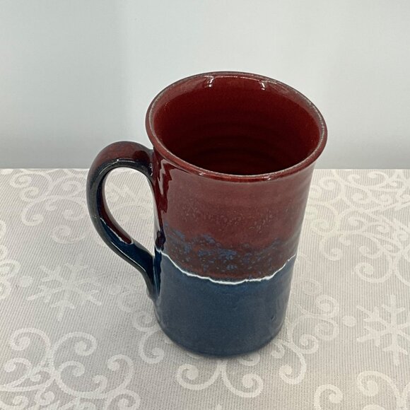 Handmade Ceramic Coffee Mug With Red & Blue Glaze 16 Oz Capacity Unique Signed D - Picture 2 of 7